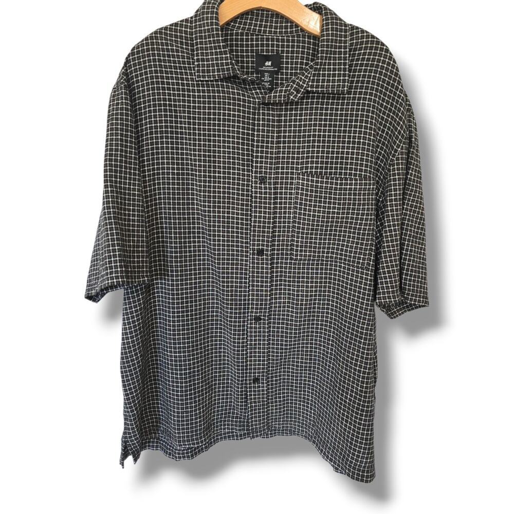 H&M Relaxed Fit Black & White Windowpane Linen-Blend Shirt – Large